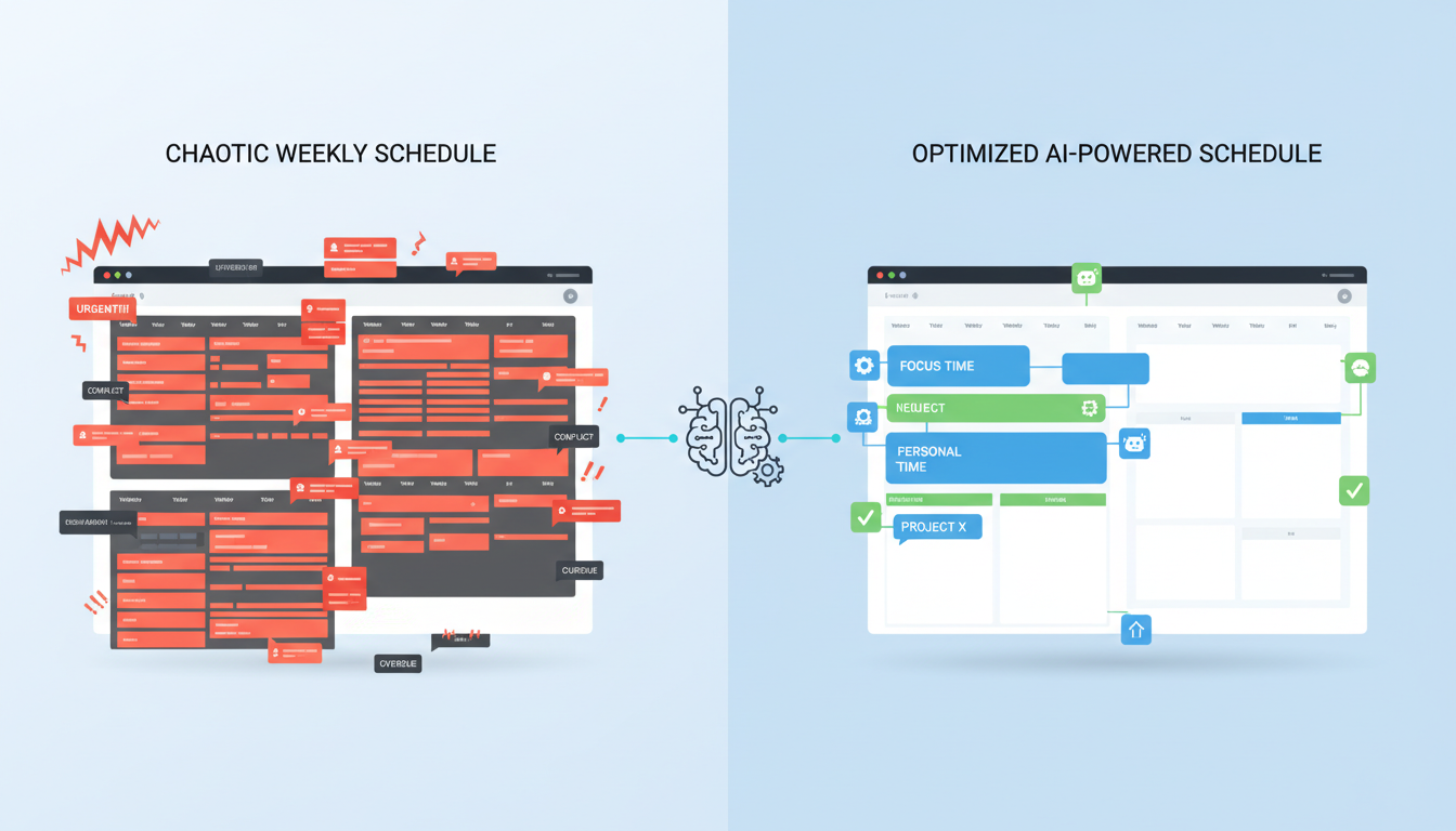 Flow Image: Infographic-style illustration comparing a chaotic weekly schedule vs optimized AI-powered schedule. Left side cluttered calendar with red alerts, right side clean calendar with automation icons and time blocks freed up. Modern flat design, blue and green productivity colors, professional infographic layout.