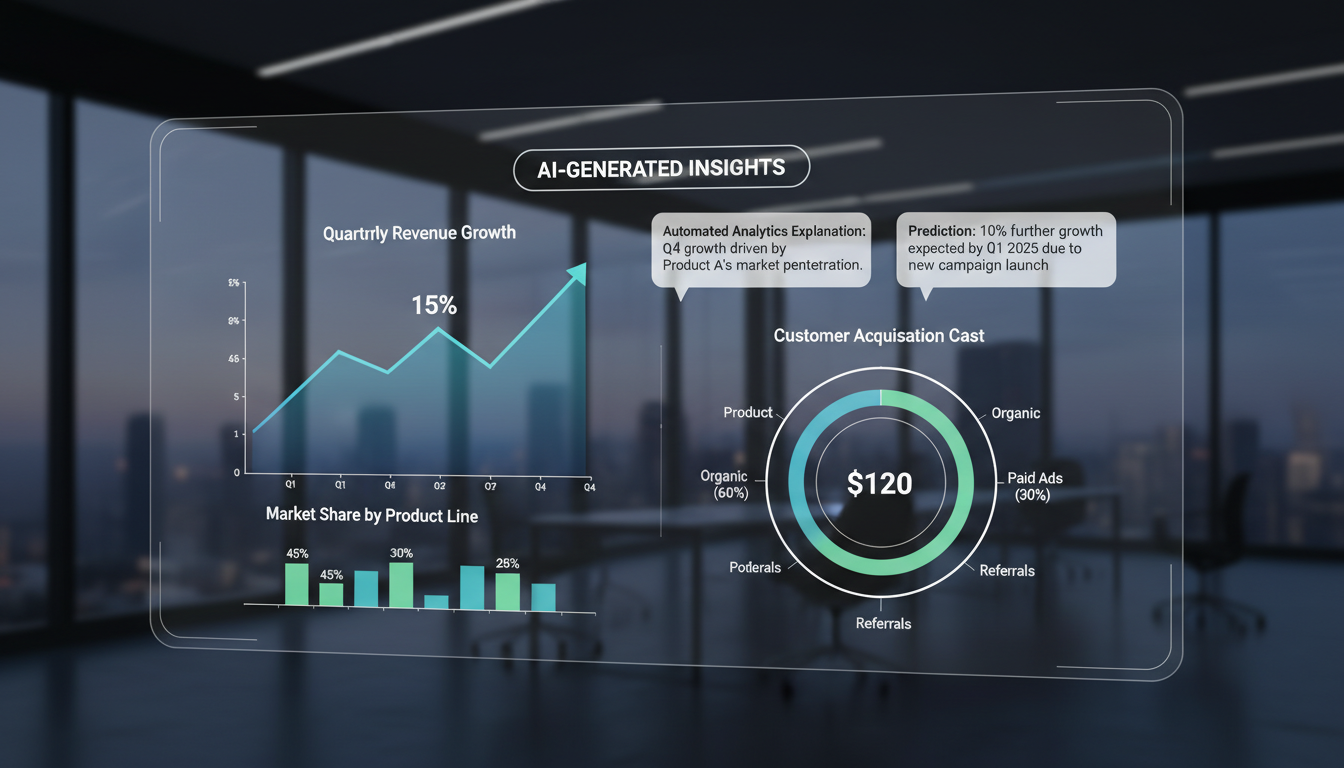 Flow Image: Dashboard with charts, graphs, and AI-generated insights summaries. Clean data visualization with growth trends and automated analytics explanation popups. Corporate, modern style.
