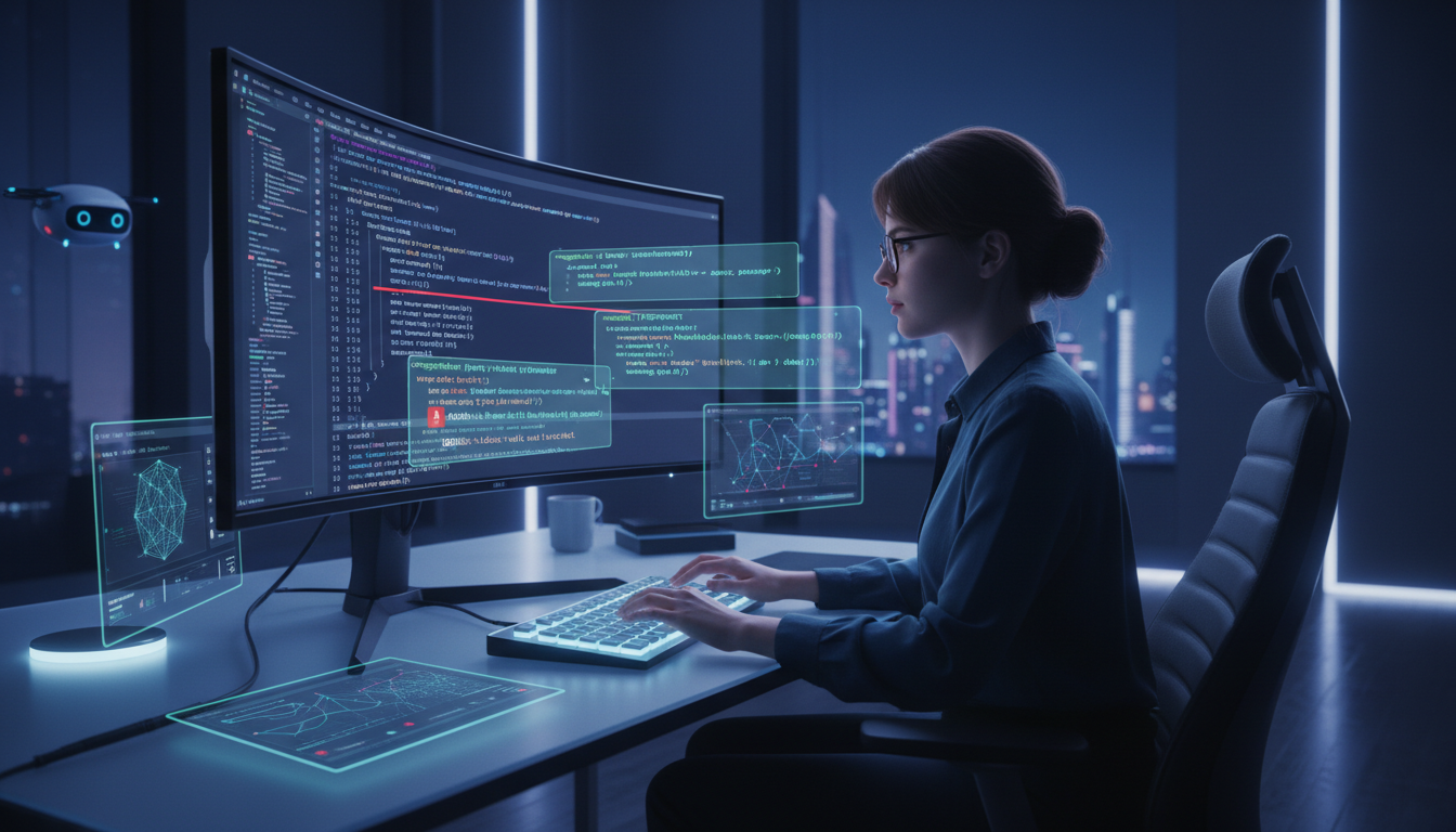Flow Image: Developer coding on a dark theme IDE while AI suggestions appear in real time. Code auto-completion and debugging recommendations visible. Futuristic but realistic programming environment.