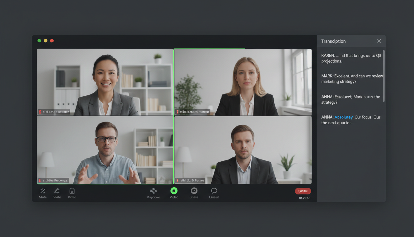 Flow Image: Virtual meeting screen with speech converting into live text transcription on the side panel. Professional video conference setting with clear captions appearing automatically. Realistic interface, high clarity.