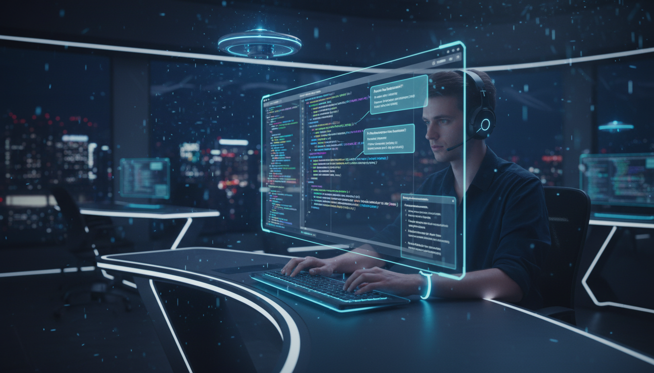 Flow Image: Developer coding on a dark theme IDE while AI suggestions appear in real time. Code auto-completion and debugging recommendations visible. Futuristic but realistic programming environment.