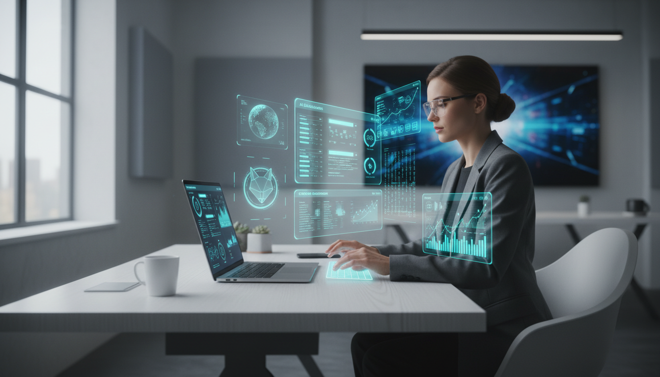Flow Image: A modern workspace with a laptop open showing AI dashboards, calendar automation, content generation, and analytics graphs. A professional working efficiently with multiple holographic AI tools floating around. Clean minimal desk, soft natural lighting, futuristic but realistic style, high resolution, ultra-detailed, professional productivity theme.