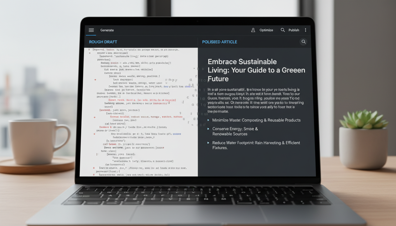 Flow Image: Laptop screen displaying AI writing software generating blog content in real-time. Split screen view showing rough draft transforming into polished article. Minimal workspace background, clean UI, professional tone, high detail.